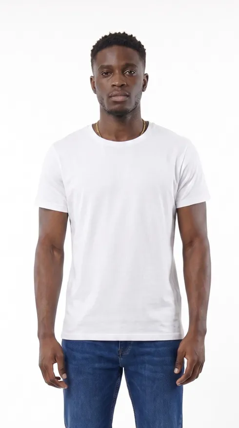 Saf Pamuk Bisiklet Yaka Erkek T-Shirt - Beyaz
