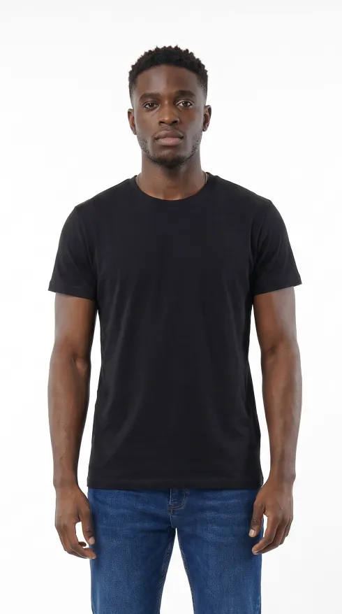 Saf Pamuk Bisiklet Yaka Erkek T-Shirt - Siyah